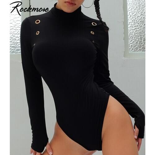 Rockmore Gothic Black Long Sleeve Bodysuits For Women Streetwear Bodycon Turtleneck Bodies Tops Rompers Womens Jumpsuits Casual