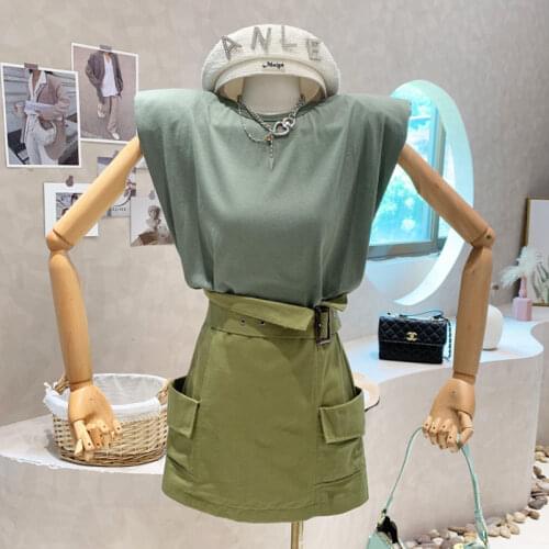 New Womens Clothing Summer 2021 Polo neck contrast Plaid long sleeve shirt + design A-line cake skirt Two piece set