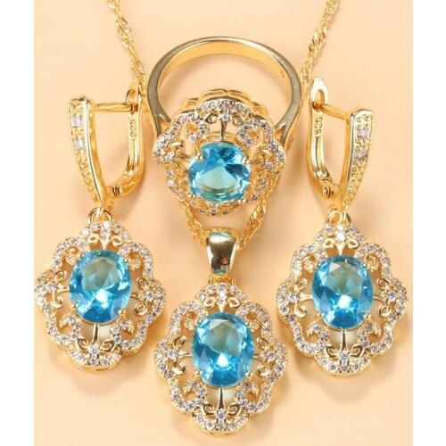 Dubai Gold-Color Jewelry Costume For Women 2021 Sky Blue Cubic Zirconia Earrings Ring And Necklace Bridal Sets