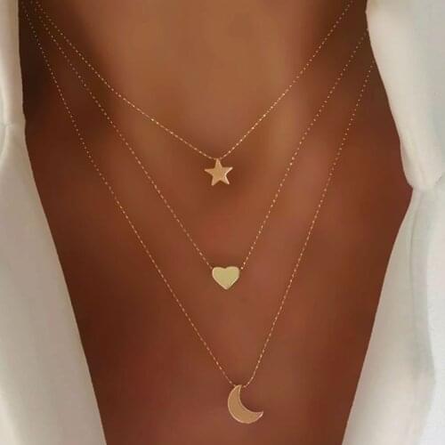 EN Fashion Boho Simple Multi-Layer Heart Star Moon Charm Necklace Delicate Clavicle Chain Necklace For Women Bohemian Jewelry