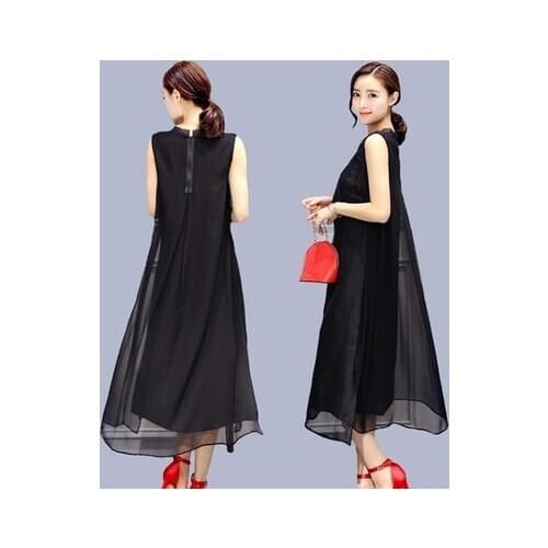 2021 Summer Middle Aged Plus Size 5xl Fashionable Women Long Dress Sleevless Retro Loose Embroidery Black Women Dresses