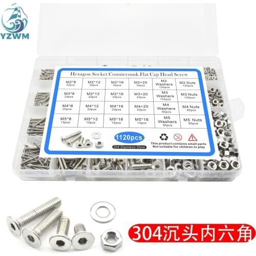 1120pcs304 Stainless Steel Flat Head Hexagon Screw Countersunk Head Hexagon Box Screw Combination Bolt Screw