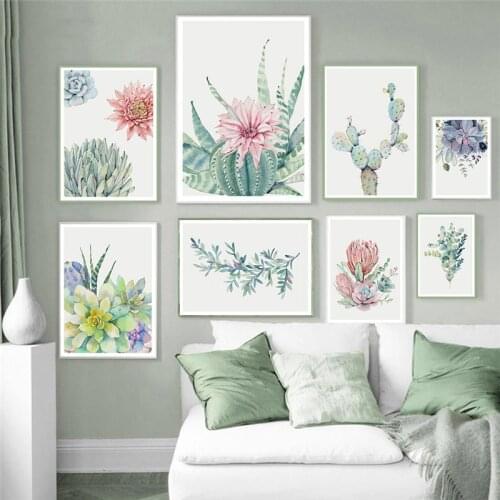 Watercolour Plants Self-adhesive Wallpapers Nordic Succulents Leaf Cactus Flowers Poster Wall Art Pictures For Room Decoration