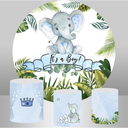 Baby Shower Circle Round Backdrop Cartoon Watercolor Elephant Background Green Leaves Blue Boys 1st Birthday Party Table Cover