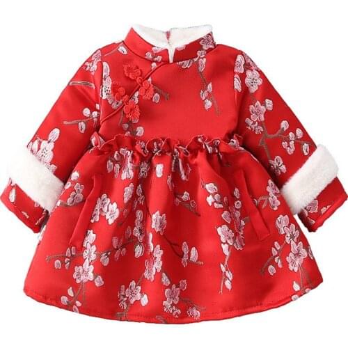 Baby Cotton Clothes Girls Skirt Plush Plus Velvet Chinese Style Red New Year Celebration Winter Autumn Long Sleeve Dress 0-24M