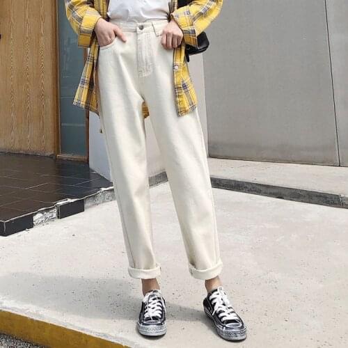 High Waist Beige Solid Straight Jeans Fall Summer Harem Denim Jean Pants Female Casual Wear Pockets Trousers P179