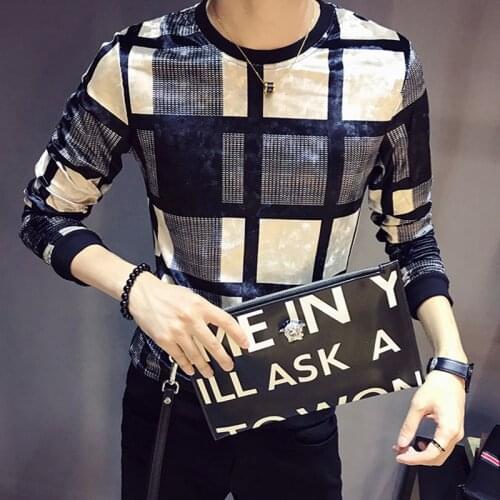 Lattice Printing T Shirt Homme Club Outfit Men Slim Fit Long Sleeve O Neck Velvet T Shirt 2019 Autumn Luxury Men Velour T Shirt