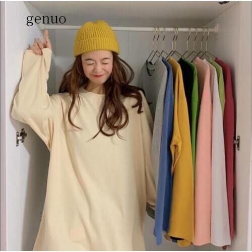 Korean Harajukut T-shirt Women Ulzzang Long-sleeve Cotton Shirt Plus Size Spring Kawaii Candy Color Tops Tee Oversize Streetwear