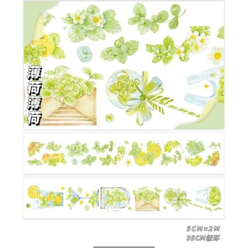 2021 NEW Summer Green Mint Masking Tape Flower Plants Decorative Stickers Journaling Stationery