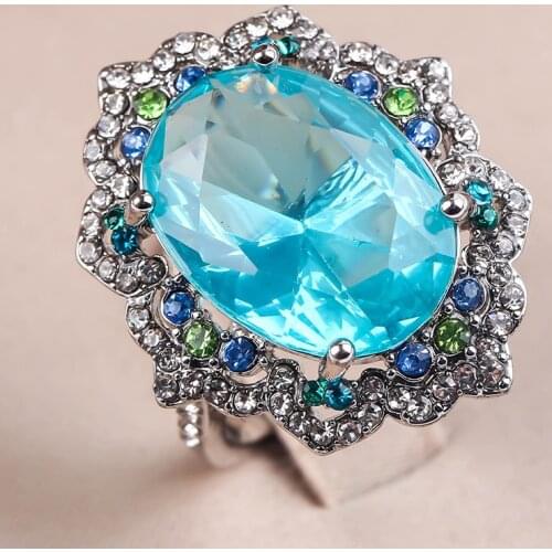 Luxury Large Blue Stone Rings for Women Cubic Zircon Flower Crystal Romantic Wedding Engagement Finger Ring Jewelry Gift