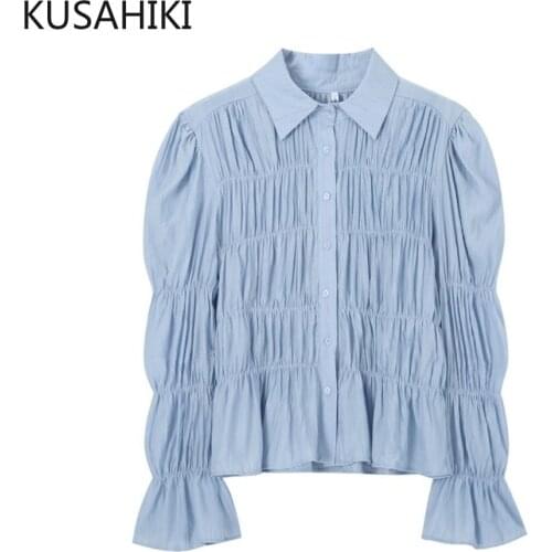 KUSAHIKI Korean Folds Women Blouse 2021 New Elegant Turn-down Collar Shirts Causal Chic Solid Top Blusas Camisas De Mujer 6K612