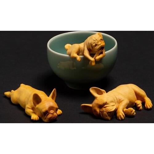 Creative Bulldog Mascot Animal Statue Wenwan Carving Crafts Wood Carving Cute Dog Solid Wood Decoration Car Accessories Ornament