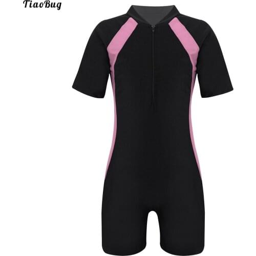 TiaoBug Summer Kids Girls Boys One-Piece Swimwear Stand Collar Short Sleeves Patchwork Swimming Bathing Short Jumpsuit Bodysuit