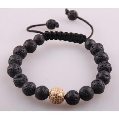 MOODPC Hot Sale Men Bracelet 10mm Black Lave Stone Beads & 12mm CZ Charm Bracelet Adjust Size