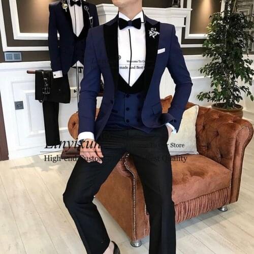 Newest Fashion Navy Blue Costume Homme Business Mens Suits Wedding Suits For Men Ternos Masculinos Slim Fit Tuxedos 3 Piece