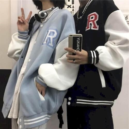 Autumn Harajuku jacket men baseball clothes women Hong Kong style retro letter embroidery plus velvet thick baseball uniform