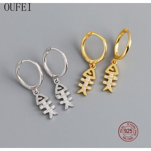 OUFEI 100%925 Sterling Silver Earrings Unique Rhinestone Fish Skeleton Fine Earrings For Women Luxury Earrings Jewelry