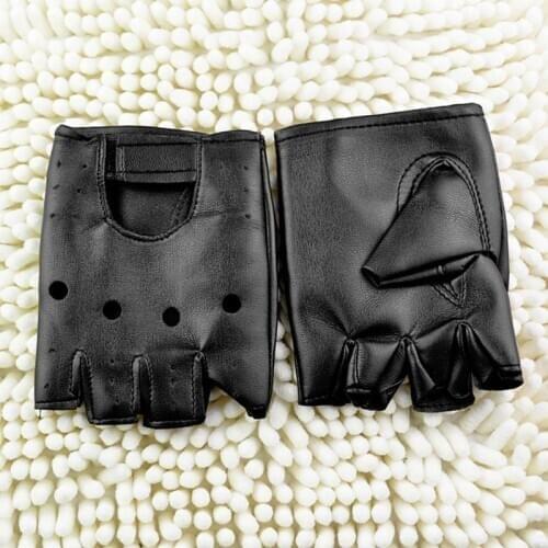 Men Faux Leather Slip-Resistant Half Finger Fingerless Gloves Hand Wrist Mittens Hollow Out Black Driving Motorcycle Unlined