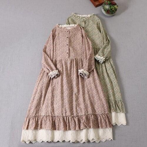 Japanese Mori Girl Literary Floral Dress Spring New Print Ruffled Long-Sleeved Fungus Lace Collar Long Skirt
