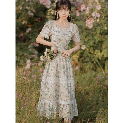 French Vintage Dress Womens Clothing 2021 Summer New Lace Square Collar Elegant High Waist Slim Temperament Vestido de mujer