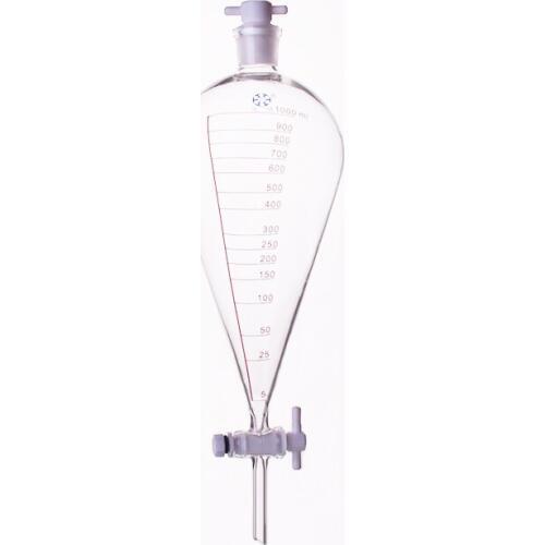 Separatory funnel pear shape,with ground-in PTFE stopper 24/29 and stopcock,With tick marks,Capacity 1000ml,PTFE switch valve