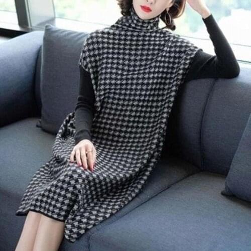 Plus Size Vintage Plaid Dress Women Autumn Winter Turtleneck Loose Knee-Length Dress Casual Work Wear Dress Warm Femme