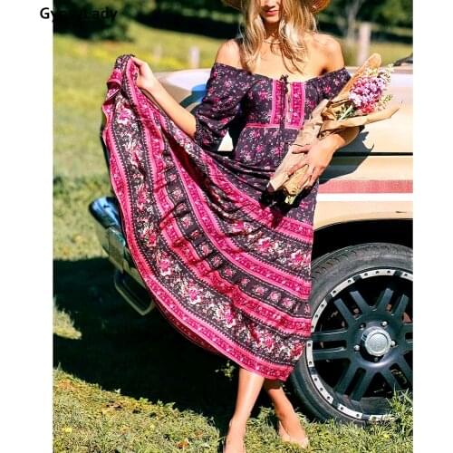 GypsyLady Floral Vintage Boho Women Dress Print Maxi Hippie Dress Ethnic Sashes Button Front Girls Holiday Casual Dress Clothes