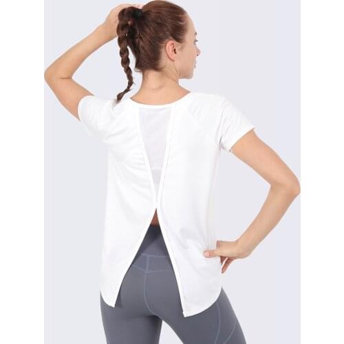 Women Hollow Back Yoga Shirts Short Sleeve Mesh Tops Sports T-Shirts Quick Dry Breathable Gym Shirts Female Fitness Sportswear