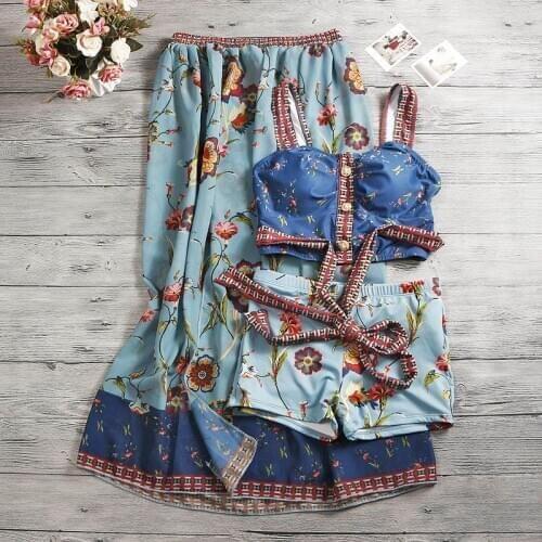 2020 Women Printed Floral Three-Pieces Bikini Set Swimsuit Padded Bathing Suit with Skirt Summer Sexy Swimwear Ladies Swim Suits