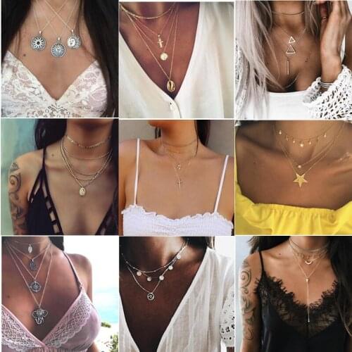 Fashion Layered Pendant Choker Necklaces Set Boho Long Chain Necklace Women Holiday Beach Statement Jewelry Wholesale