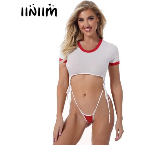 Womens Lingerie See-through Lace-up Bodysuit Round Neck Short Sleeve O Ring Connected Leotard Ladies Erotic Sexy Roleplay Outfit