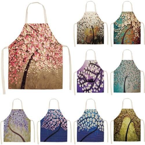 1Pcs Flower Tree Printed Cotton Linen Sleeveless Aprons Home Cleaning Kitchen Cooking Baking Apron For Women Men 53*65cm WQ0008
