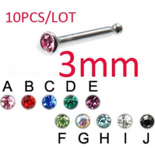 10pcs/lot mixed color 3mm women nose studs lip labret rings belly piercing 316L surgical steel rhinestone body piercing