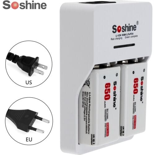 2pcs Soshine 9V 6F22 Li-ion Rechargeable Battery +9V Smart Ni-MH / Li-ion Battery Charger EU/US Plug with LED Indicator