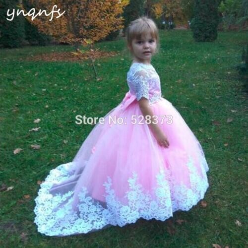 YNQNFS G14 Bow Back Ball Gown White Pink Princess Flower Girl Dresses Baby Kids Pageant Birthday Party Photography