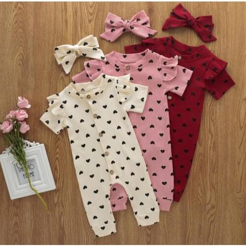 Children Infant Kids Fly Sleeve Crew Neck Heart Button Print Romper Bow Hair Band Baby Sweety Rompers Valentines Day Clothes