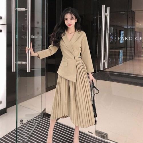 Designer High Waist women kahki Slim Pleated Elegant Suit Dress Young Style Long Sleeve Womens Blazer Dress