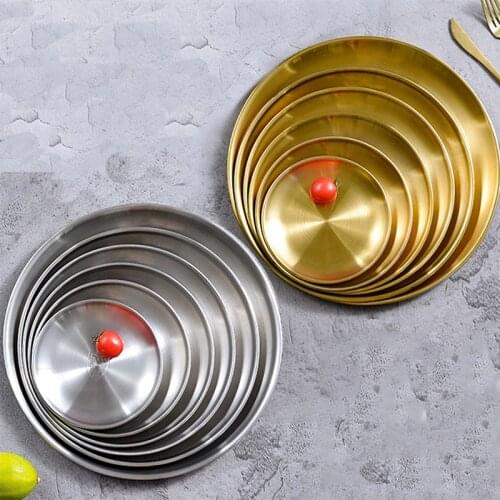 14/17/20cm European Dinner Plates Gold Dining Plate Serving Dishes Round Plate Cake Tray Western Steak Round Tray Kitchen Plates