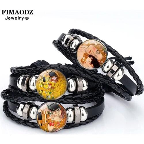 FIMAODZ Gustav Klimt The Kiss Bracelet Mother Baby Photo Braided Leather Bracelets Romantic Couple Bangles Valentines Day Gift