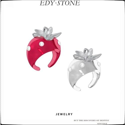 EDY 2021 New Personality Resin Niche Design Crystal Strawberry Transparent Pearl Lovely Rings For Women Girl Party Jewelry
