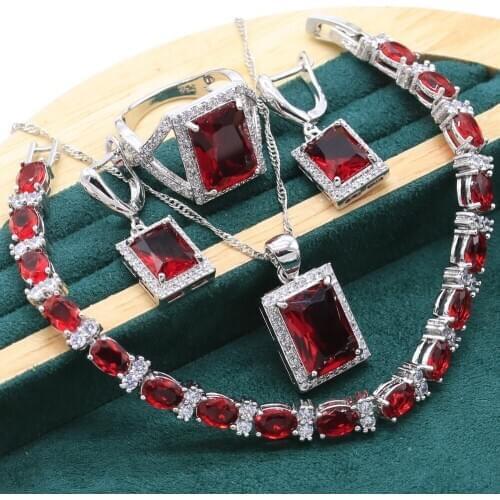 Noble Red Ruby 925 Sterling Silver Jewelry Sets For Women Wedding Bracelet Long Earrings Necklace pendant Ring Christmas Gift