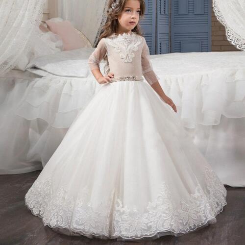 Lace Flower Girl Dresses for Wedding Pearls Wasit Jewel Neck Infant Toddler Baby Kids Dresses