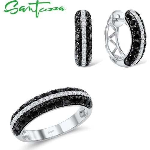 SANTUZZA Jewelry Set For Women Natural Black White CZ Stones Ring Earrings Exquisite Set 925 Sterling Silver Fashion Jewelry Set