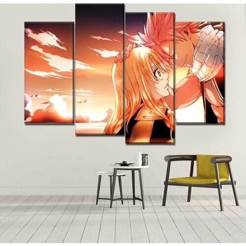 Canvas Wall Art Home Decoration Painting 4 Piece Anime Fairy Tail Lucy Natsu Dragneel Poster Bedside Background Modular Picture