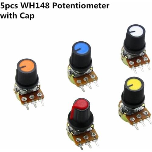 5pcs/lot WH148 B1K 2K 5K 10K 20K 50K 100K 250K 500K 1M Ohm 15mm 3 Pin Linear Taper Rotary Potentiometer Resistor with Cap
