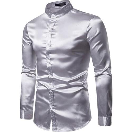 Fashion Wedding Party Slim Shiny Long Sleeve Henry Shirts Chemise Homme Autumn Men Satin Smooth Silk Solid Casual Dress Shirt