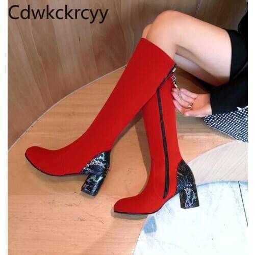 Winter The New fashion Round head Side zipper Takato Boots black red Sexy banquet High heels Women boots plush size 34-43