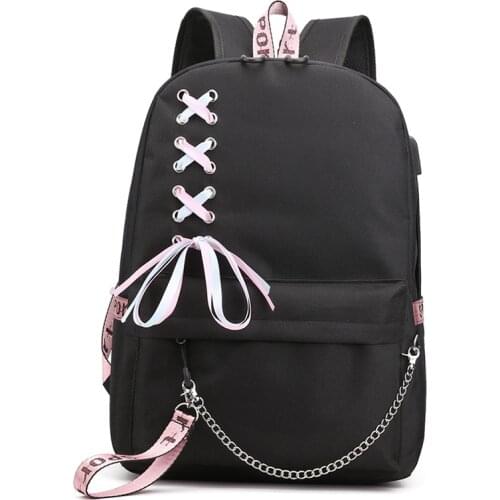 Teenager Bow Chain style School Bag Girl Print Black Student BookBag Women Men Travel Laptop Backpack with Charging USB