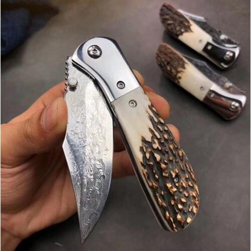 New Arrival Hot Sale VG10 Damascus steel Blade antlers handle folding knife tactical knife outdoor camping EDC Pocket knife