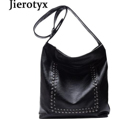 JIEROTYX Lady Casual Tote Bag Fashion Shoulder Bag Retro Pu Soft Leather Handbags Vintage Rivets Ladies Large Capacity Wholesale